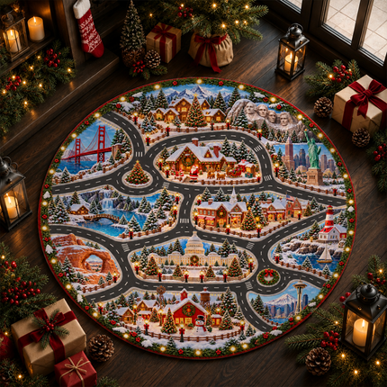 Christmas USA Road Trip Doormat American Landmarks Round Rug