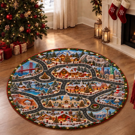Christmas USA Road Trip Doormat American Landmarks Round Rug