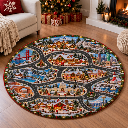 Christmas USA Road Trip Doormat American Landmarks Round Rug
