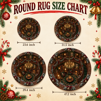 Christmas Library Round Doormat Cozy Vintage Reading Room Rug