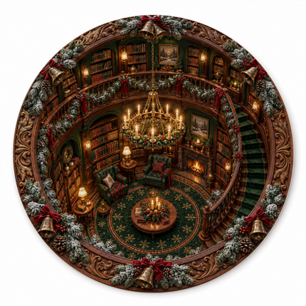 Christmas Library Round Doormat Cozy Vintage Reading Room Rug