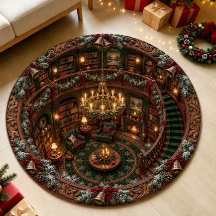Christmas Library Round Doormat Cozy Vintage Reading Room Rug
