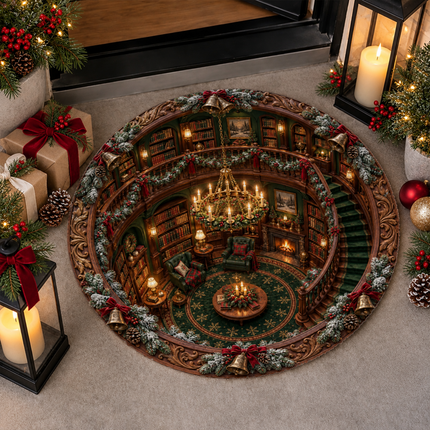 Christmas Library Round Doormat Cozy Vintage Reading Room Rug