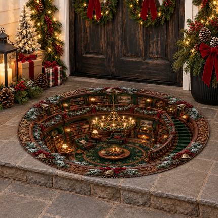 Christmas Library Round Doormat Cozy Vintage Reading Room Rug