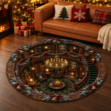 Christmas Library Round Doormat Cozy Vintage Reading Room Rug