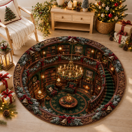 Christmas Library Round Doormat Cozy Vintage Reading Room Rug