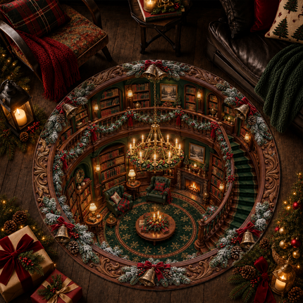 Christmas Library Round Doormat Cozy Vintage Reading Room Rug