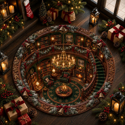 Christmas Library Round Doormat Cozy Vintage Reading Room Rug