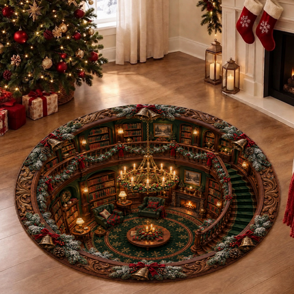 Christmas Library Round Doormat Cozy Vintage Reading Room Rug