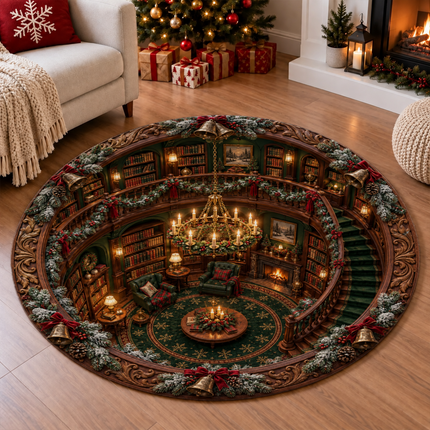 Christmas Library Round Doormat Cozy Vintage Reading Room Rug