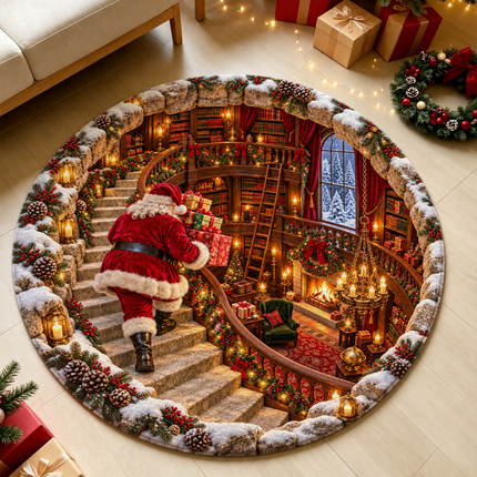 Santa Christmas Round Doormat Cozy Library Staircase Rug