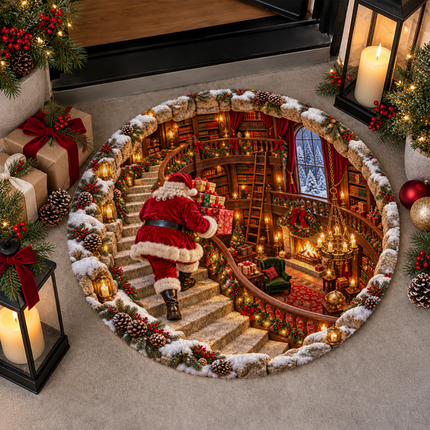 Santa Christmas Round Doormat Cozy Library Staircase Rug