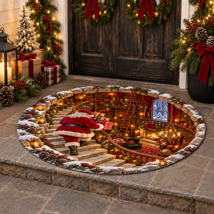 Santa Christmas Round Doormat Cozy Library Staircase Rug