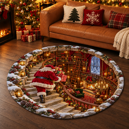 Santa Christmas Round Doormat Cozy Library Staircase Rug
