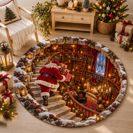 Santa Christmas Round Doormat Cozy Library Staircase Rug