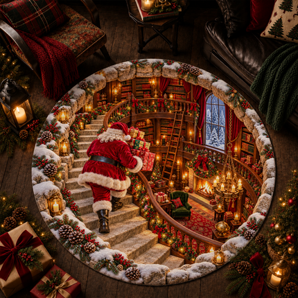 Santa Christmas Round Doormat Cozy Library Staircase Rug
