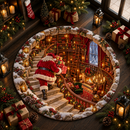 Santa Christmas Round Doormat Cozy Library Staircase Rug
