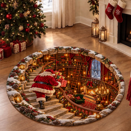 Santa Christmas Round Doormat Cozy Library Staircase Rug
