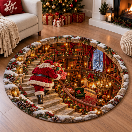 Santa Christmas Round Doormat Cozy Library Staircase Rug