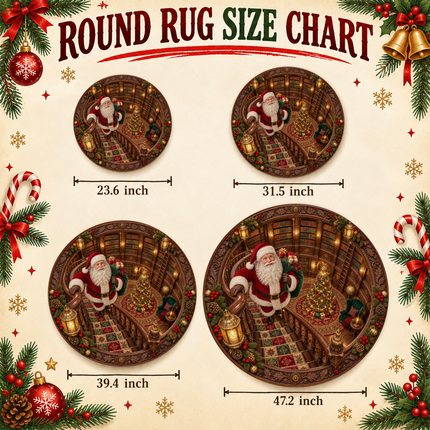 Santa Christmas Library Round Doormat Vintage Staircase Holiday Rug