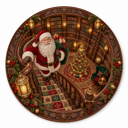 Santa Christmas Library Round Doormat Vintage Staircase Holiday Rug