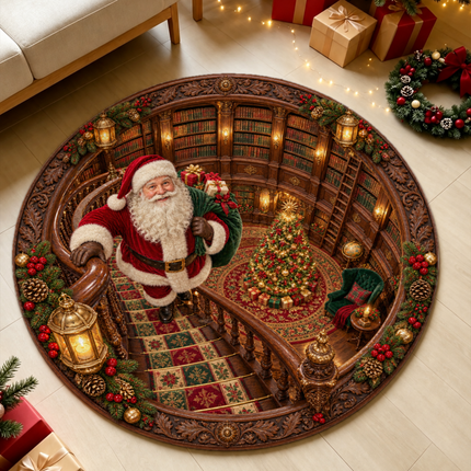 Santa Christmas Library Round Doormat Vintage Staircase Holiday Rug