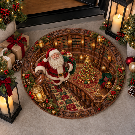 Santa Christmas Library Round Doormat Vintage Staircase Holiday Rug