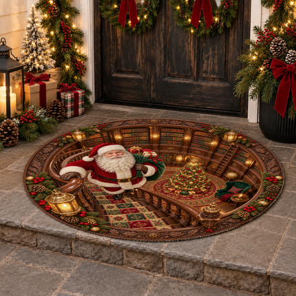 Santa Christmas Library Round Doormat Vintage Staircase Holiday Rug