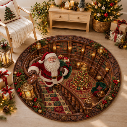 Santa Christmas Library Round Doormat Vintage Staircase Holiday Rug