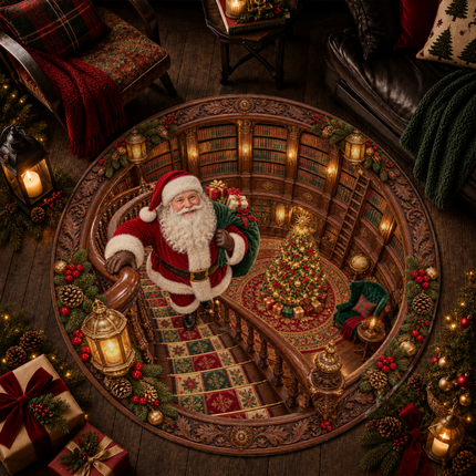 Santa Christmas Library Round Doormat Vintage Staircase Holiday Rug