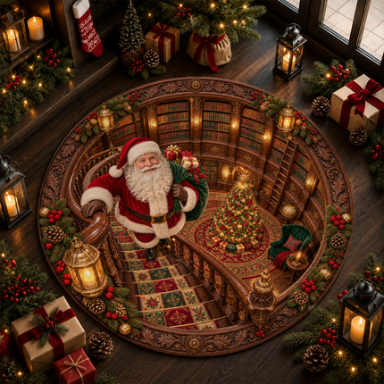 Santa Christmas Library Round Doormat Vintage Staircase Holiday Rug