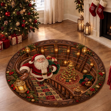 Santa Christmas Library Round Doormat Vintage Staircase Holiday Rug