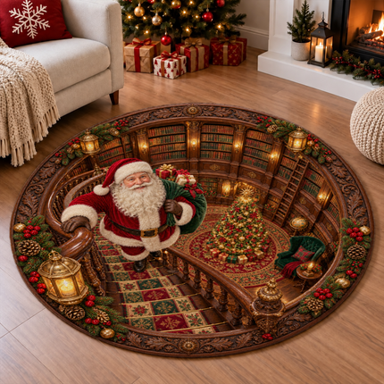 Santa Christmas Library Round Doormat Vintage Staircase Holiday Rug