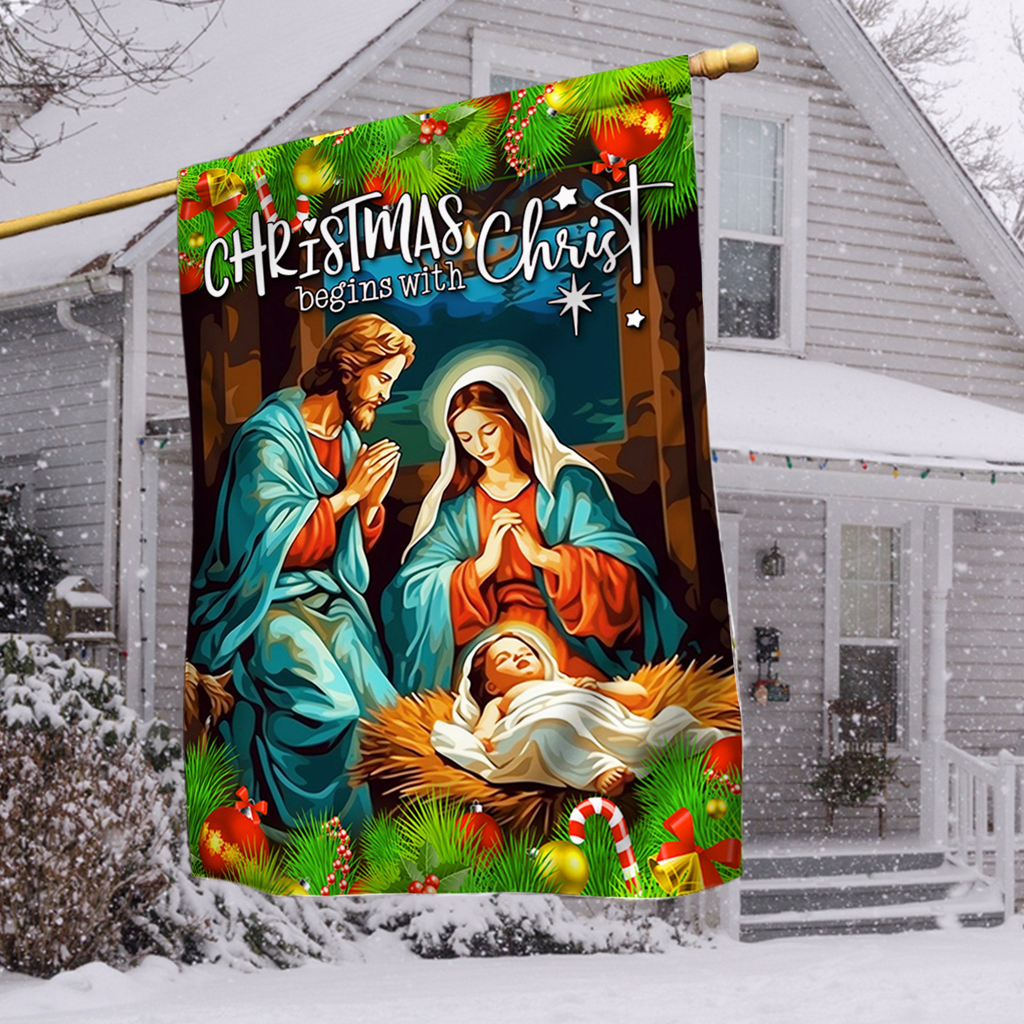 Christmas Begins With Christ Xmas Jesus Flag - Merry Christmas Welcome Gift