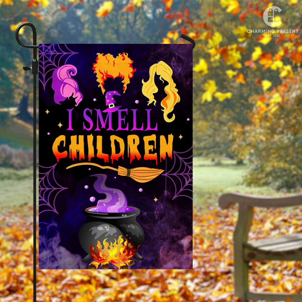 Three Witches Halloween I Smell Children Flag - Halloween Welcome Gift