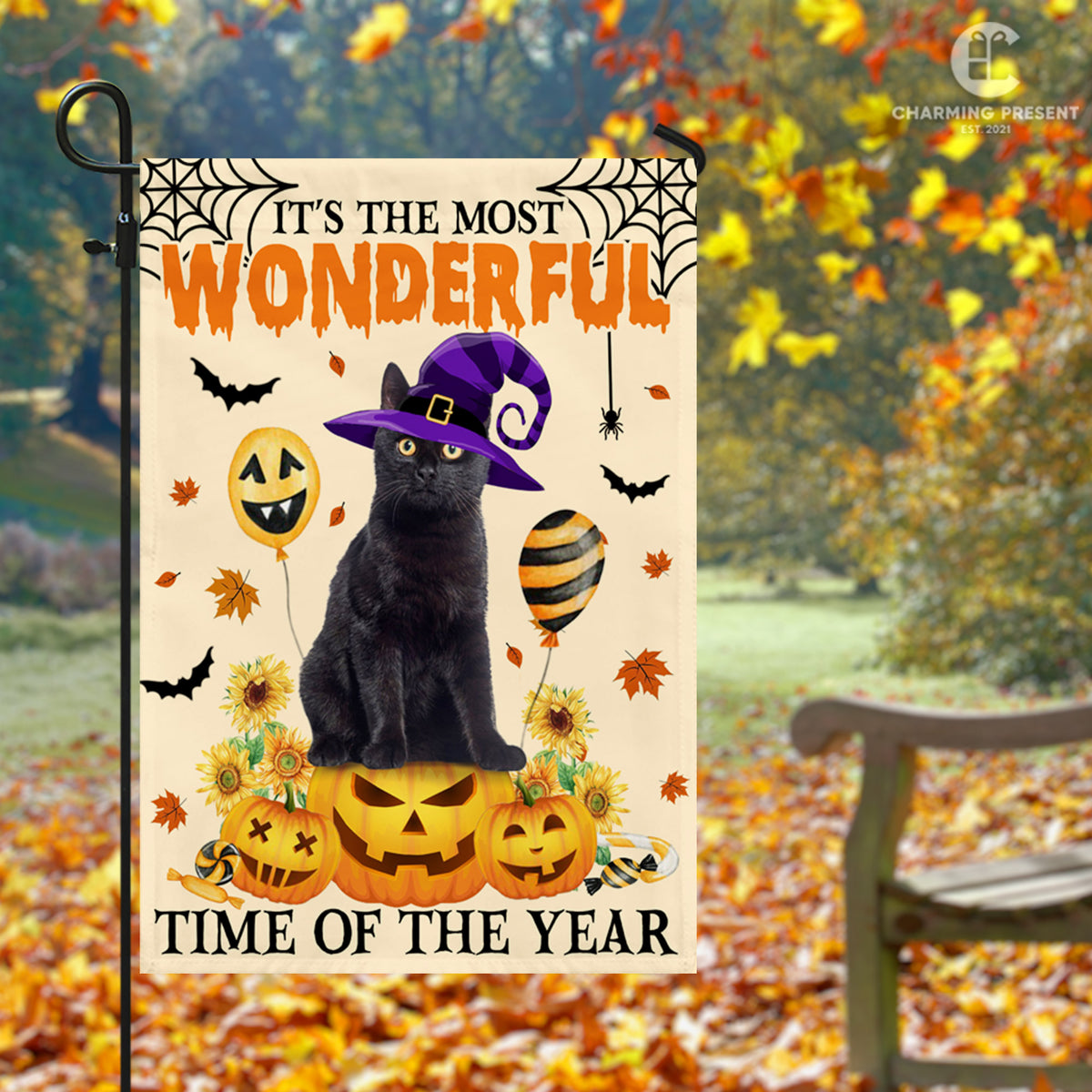 Black Cat It's The Most Wonderful Time Of The Year Flag - Halloween Black Cat Welcome Gift