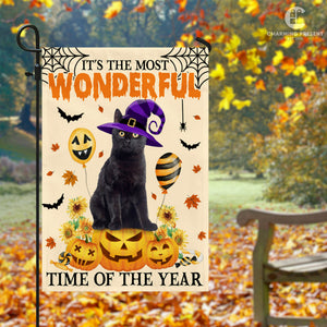 Black Cat It's The Most Wonderful Time Of The Year Flag - Halloween Black Cat Welcome Gift