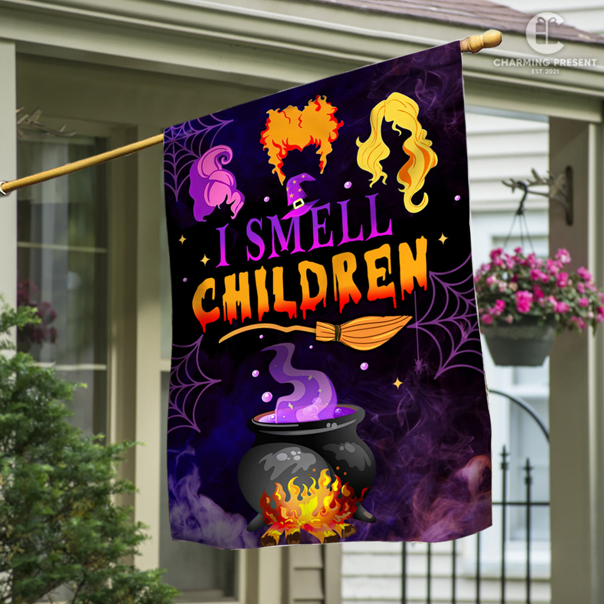 Three Witches Halloween I Smell Children Flag - Halloween Welcome Gift