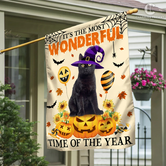 Black Cat It's The Most Wonderful Time Of The Year Flag - Halloween Black Cat Welcome Gift - Charming Present