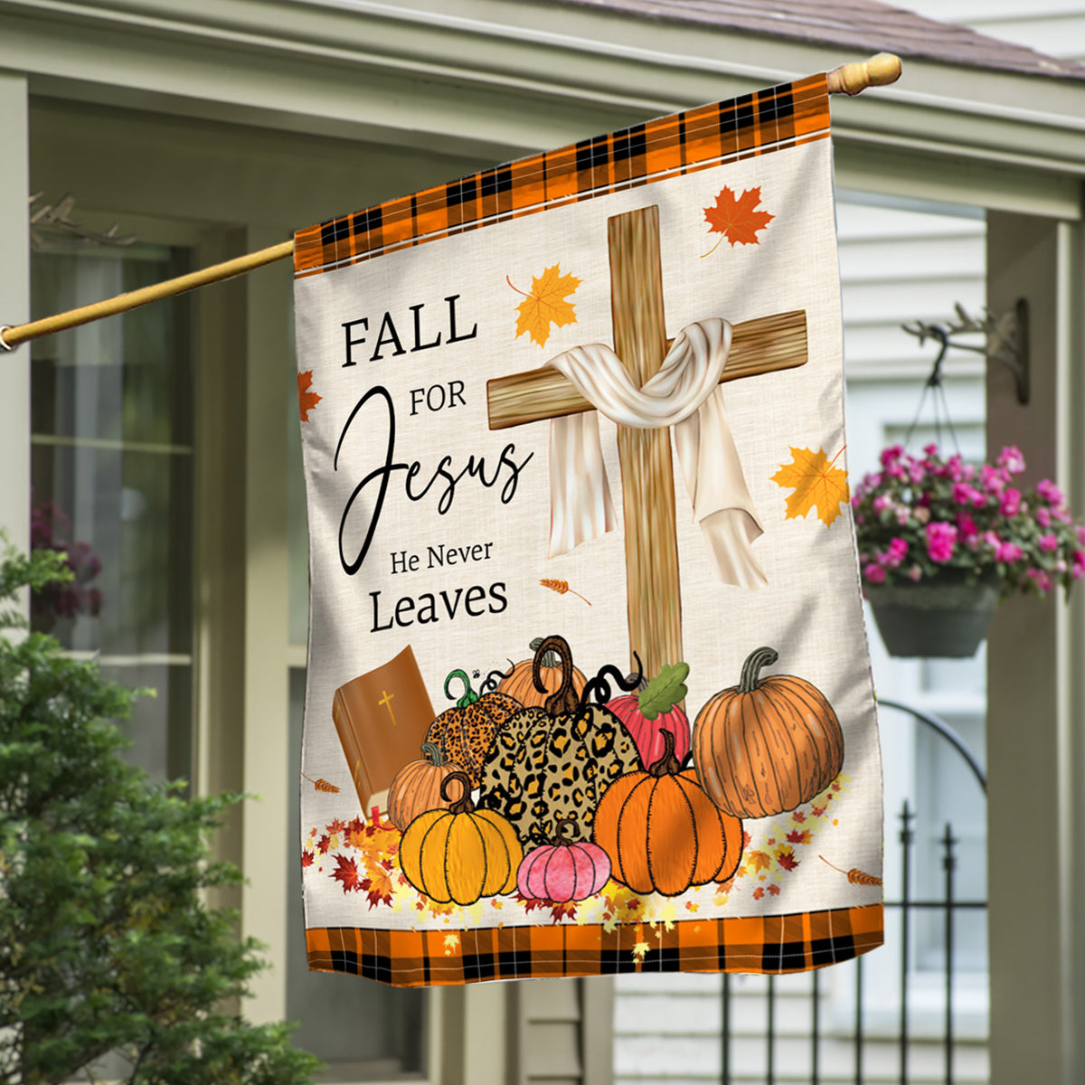 Fall For Jesus He Never Leaves Pumpkin Flag
