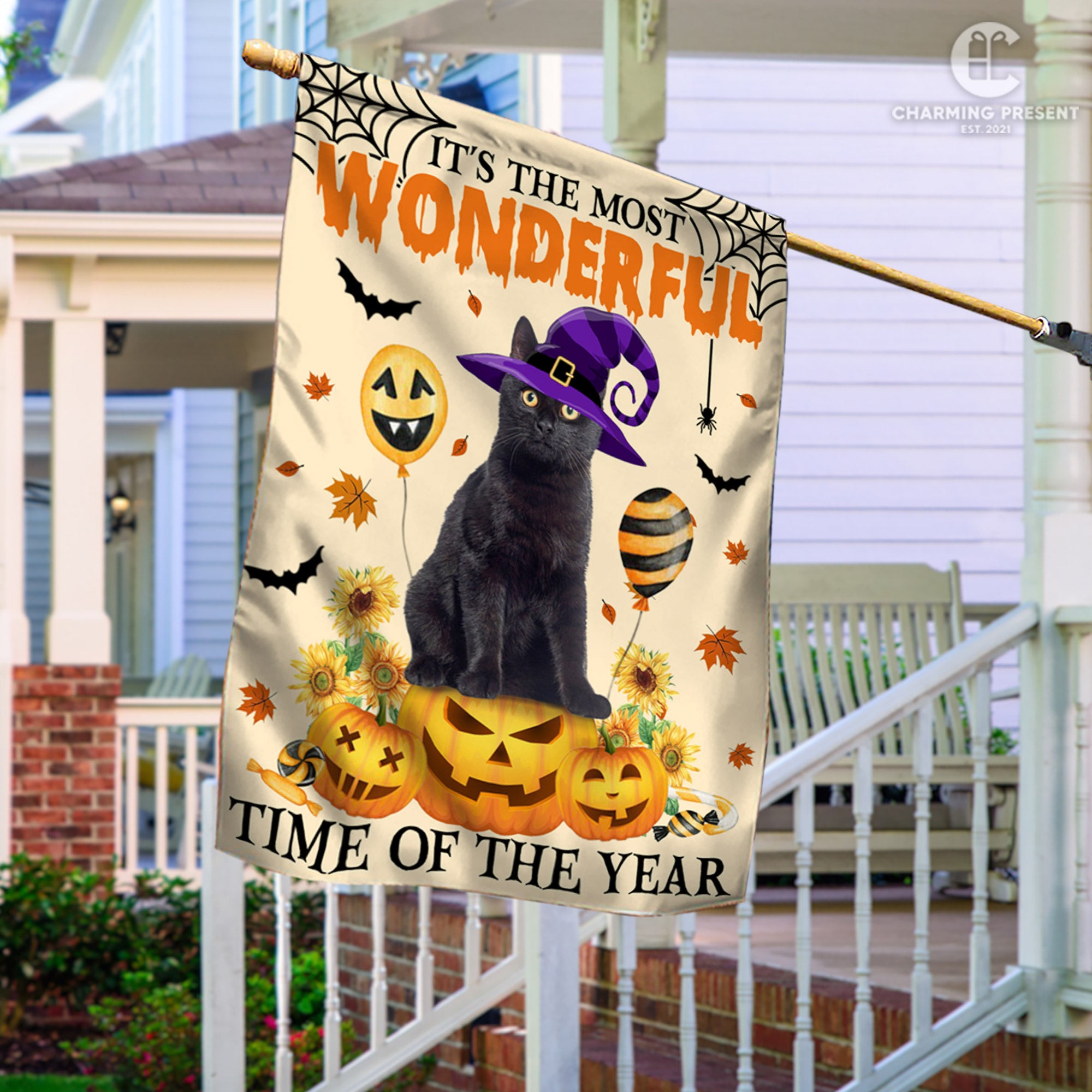 Black Cat It's The Most Wonderful Time Of The Year Flag - Halloween Black Cat Welcome Gift