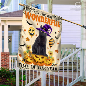 Black Cat It's The Most Wonderful Time Of The Year Flag - Halloween Black Cat Welcome Gift
