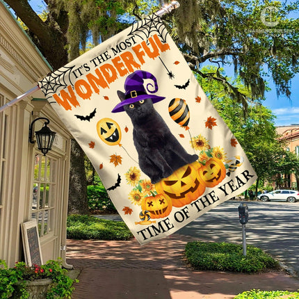 Black Cat It's The Most Wonderful Time Of The Year Flag - Halloween Black Cat Welcome Gift - Charming Present