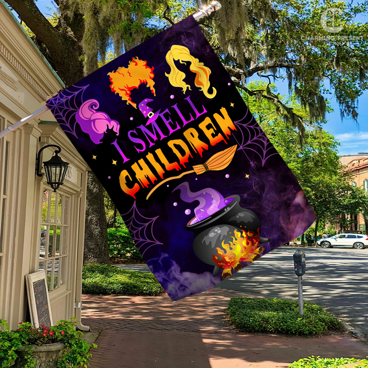 Three Witches Halloween I Smell Children Flag - Halloween Welcome Gift