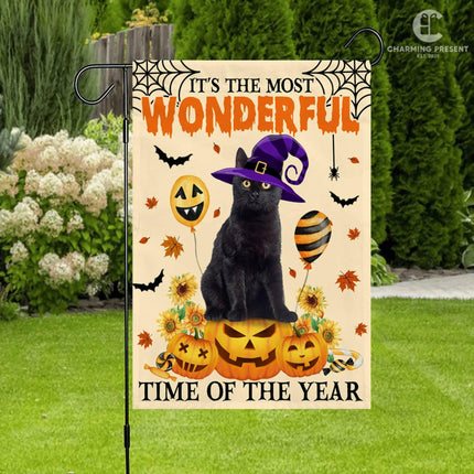 Black Cat It's The Most Wonderful Time Of The Year Flag - Halloween Black Cat Welcome Gift - Charming Present