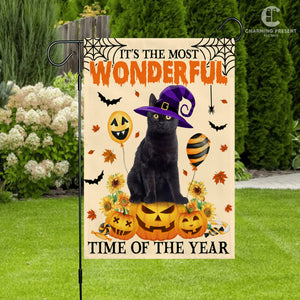 Black Cat It's The Most Wonderful Time Of The Year Flag - Halloween Black Cat Welcome Gift