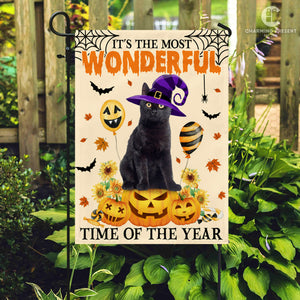 Black Cat It's The Most Wonderful Time Of The Year Flag - Halloween Black Cat Welcome Gift