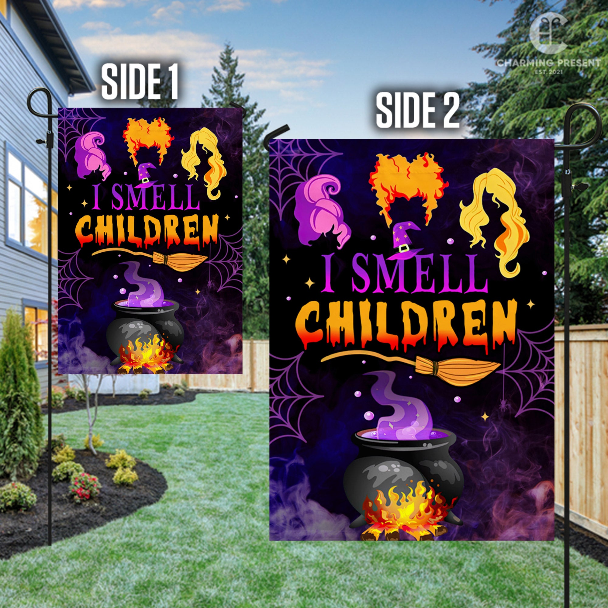 Three Witches Halloween I Smell Children Flag - Halloween Welcome Gift