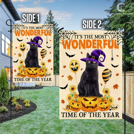 Black Cat It's The Most Wonderful Time Of The Year Flag - Halloween Black Cat Welcome Gift - Charming Present