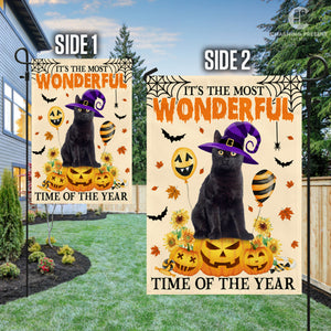 Black Cat It's The Most Wonderful Time Of The Year Flag - Halloween Black Cat Welcome Gift